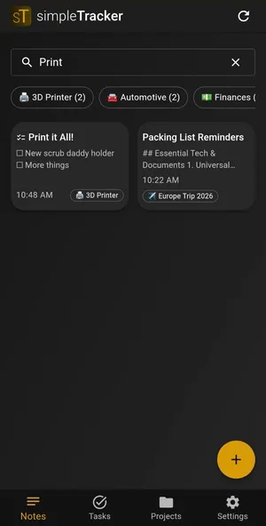 Notes page filtered by search term