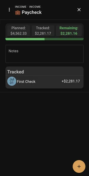 Viewing an income category with budgeted and actual amounts